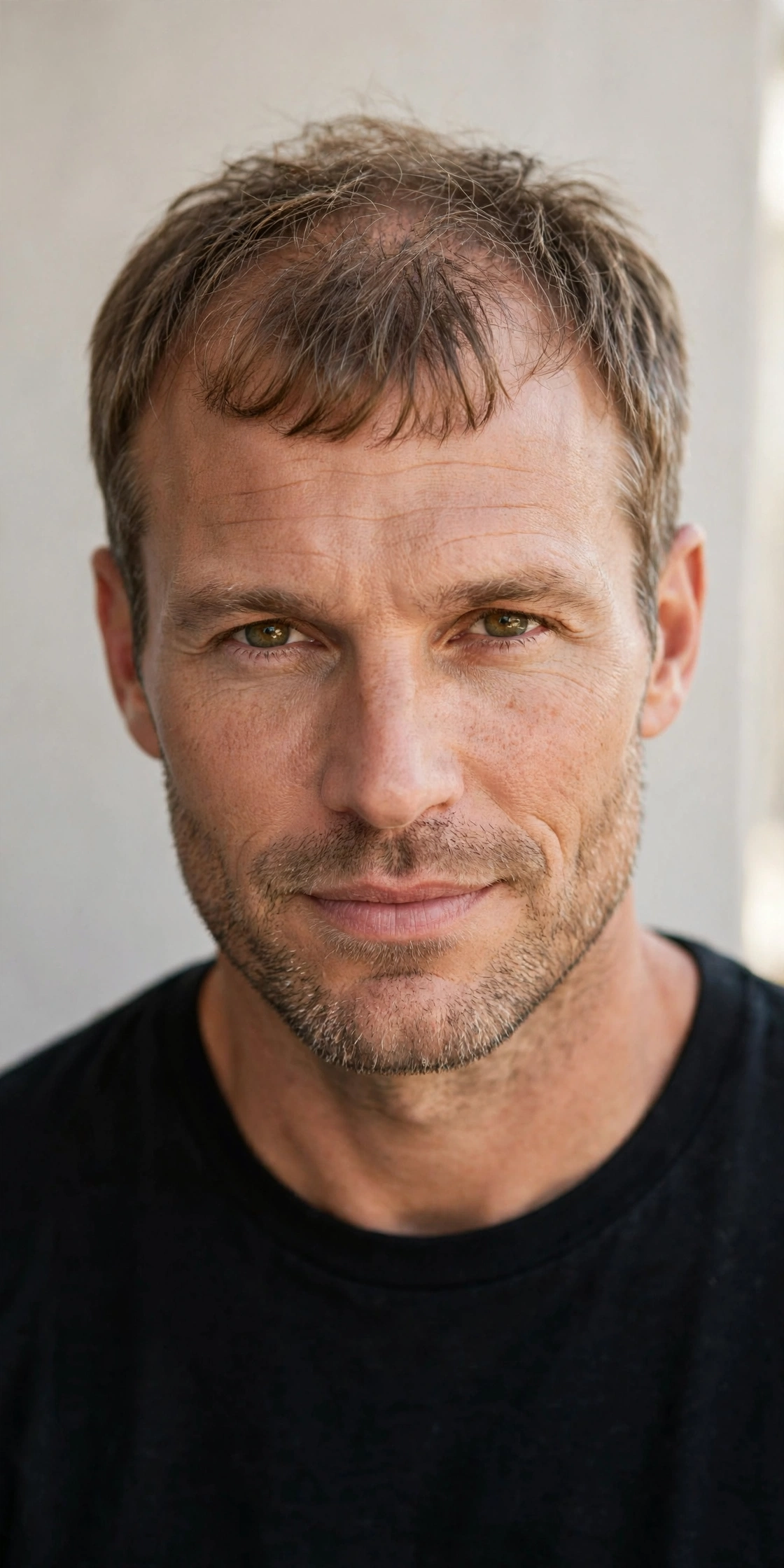 male model with thinning hair wearing a flattering short caesar cut, confident portrait