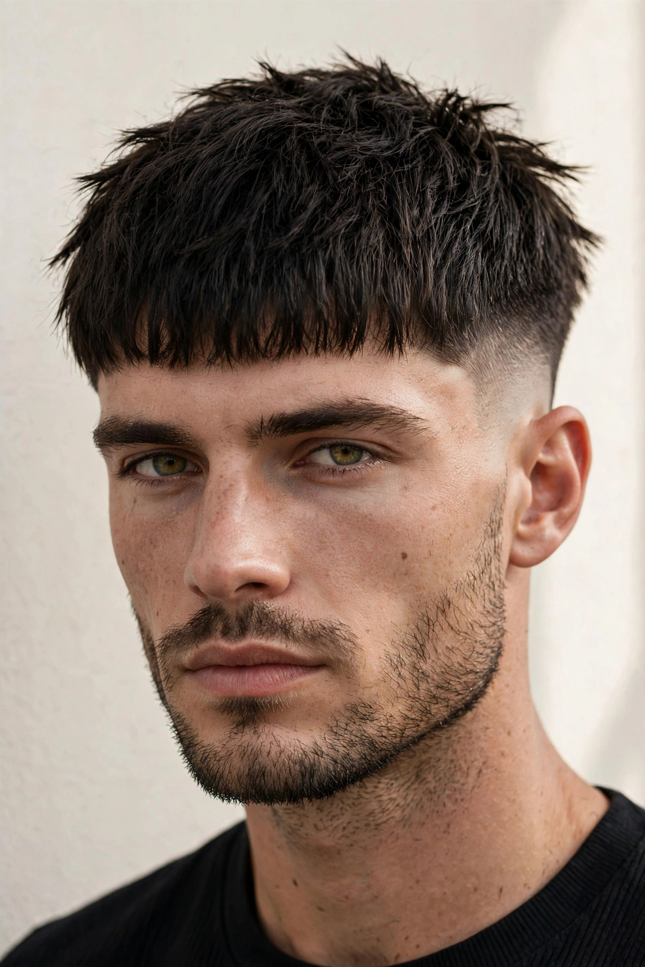 male model with hybrid french crop caesar, blunt textured fringe, contemporary style