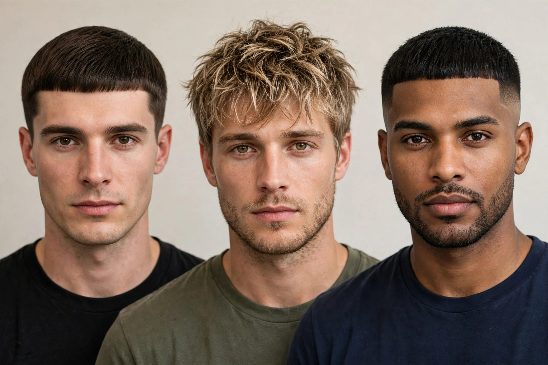 collage-style arrangement showing multiple caesar cut variations on different men