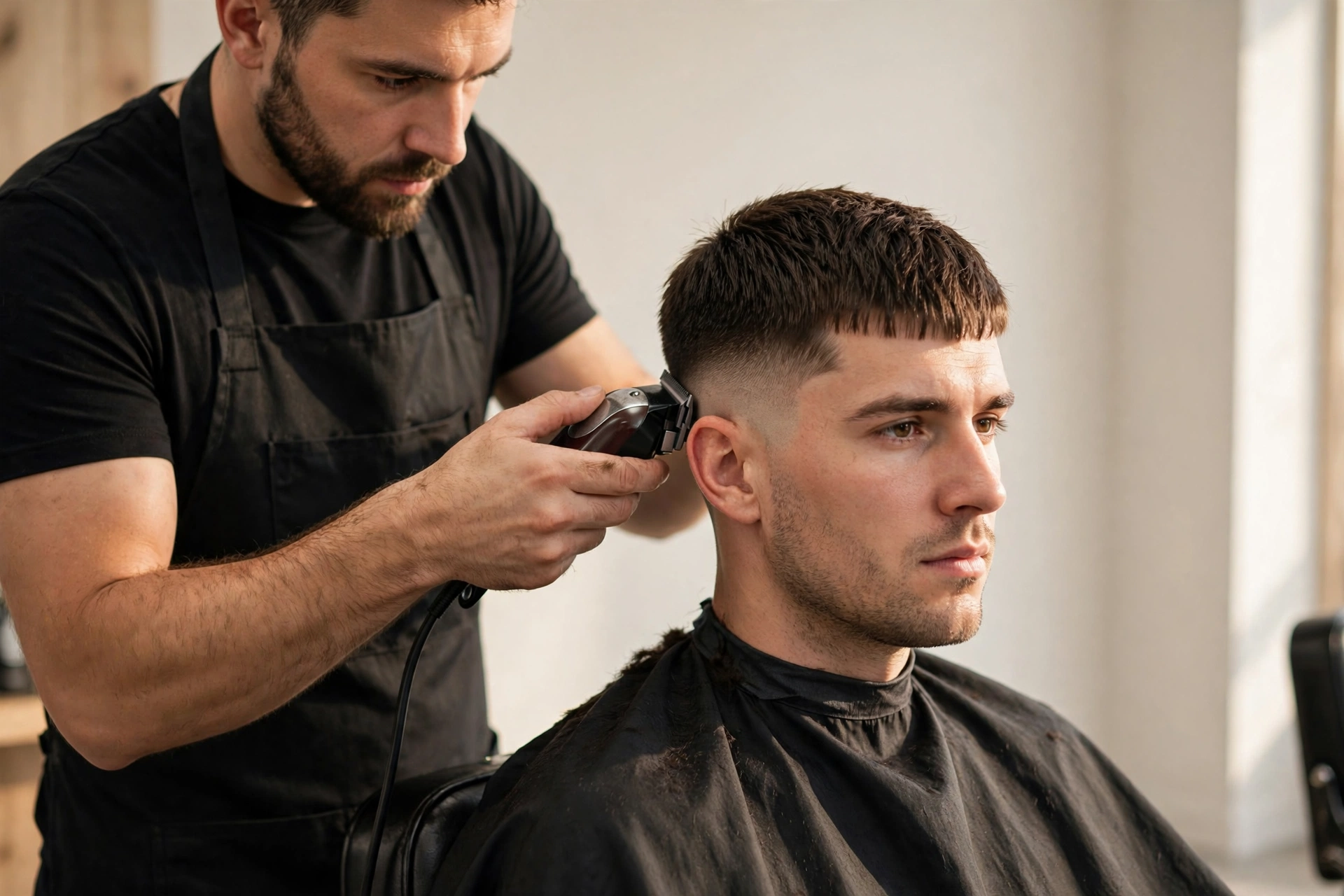 barber trimming a man's caesar cut with clippers, maintenance trim in progress