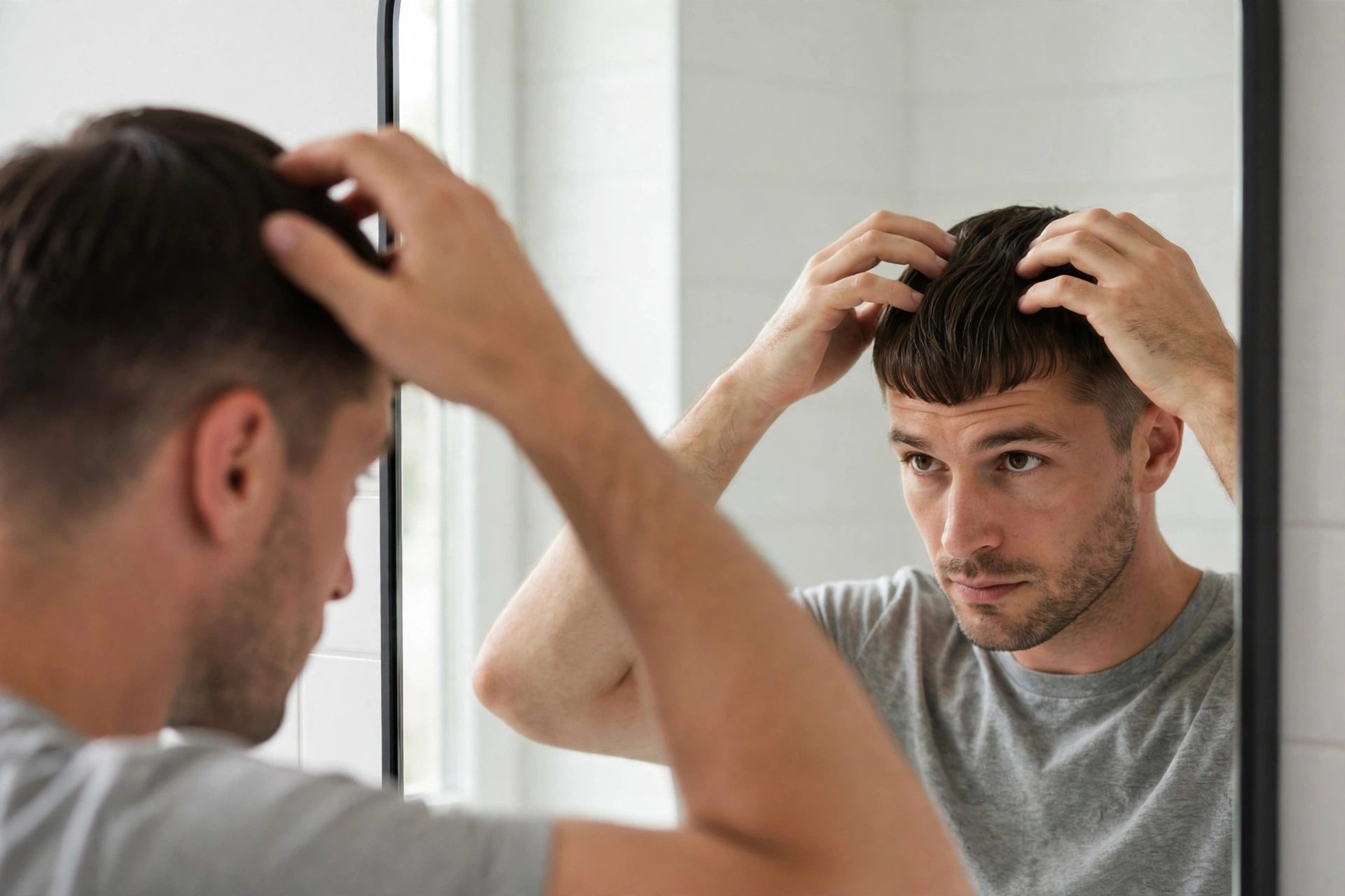 man styling his caesar cut at home in front of mirror, hands in hair