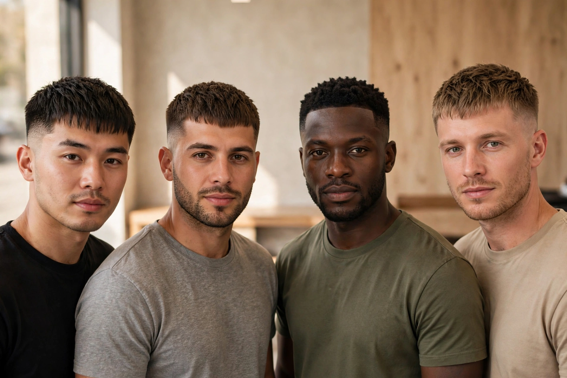 barbershop scene with several men sporting modern caesar cuts, 2026 style