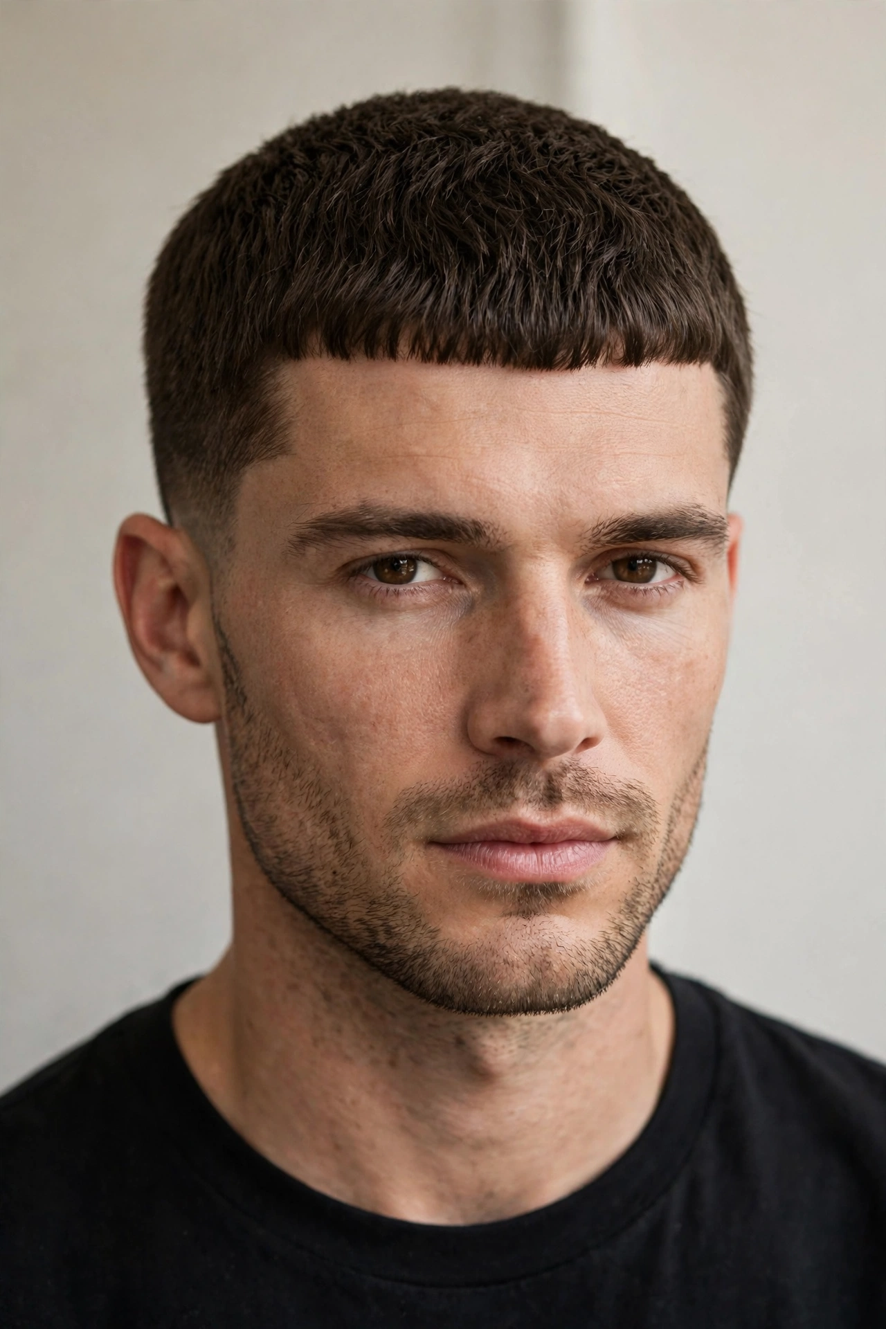 male model with a classic caesar cut, short horizontal fringe, barbershop portrait