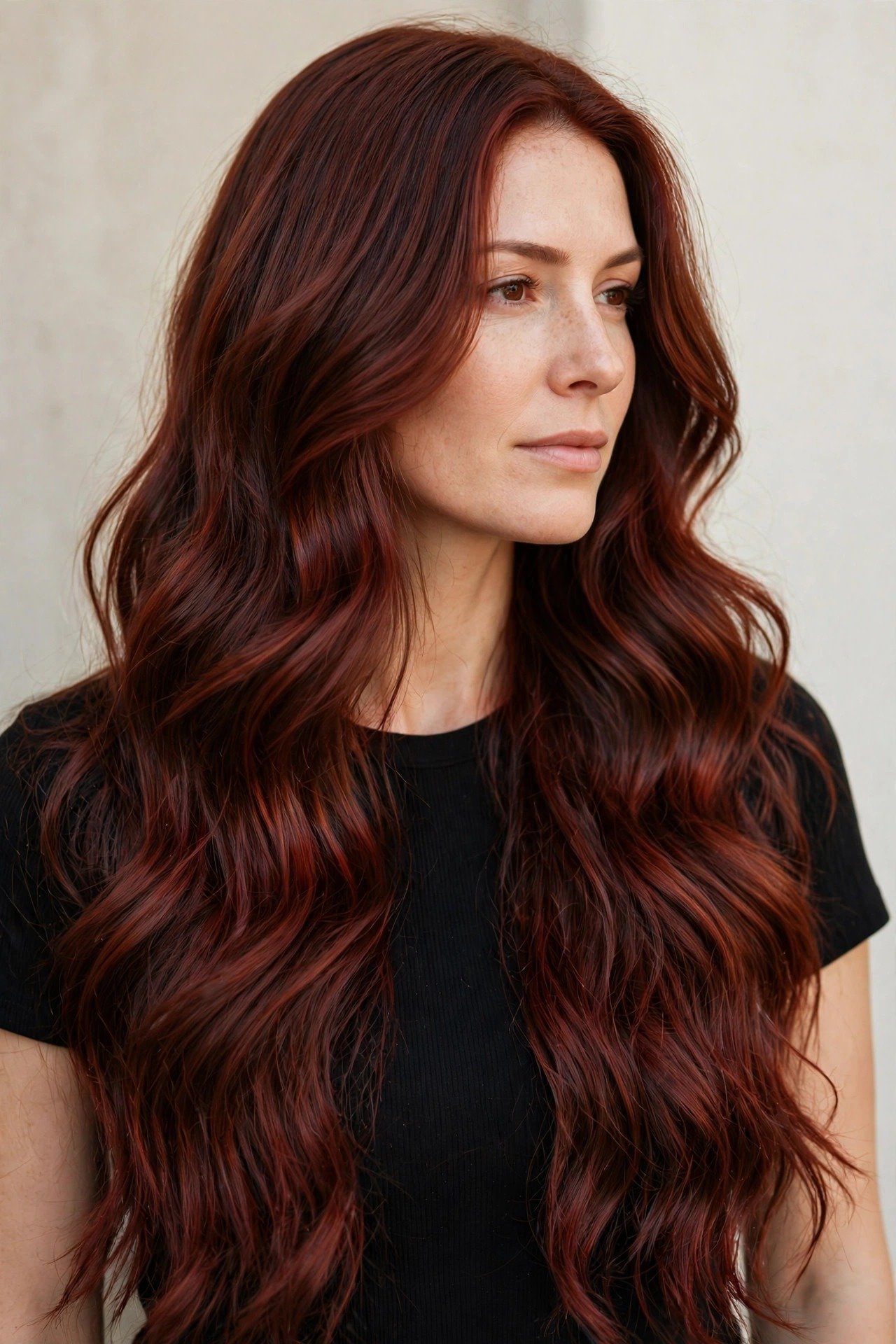 Woman with classic cherry cola hair color showing deep red-brown shine