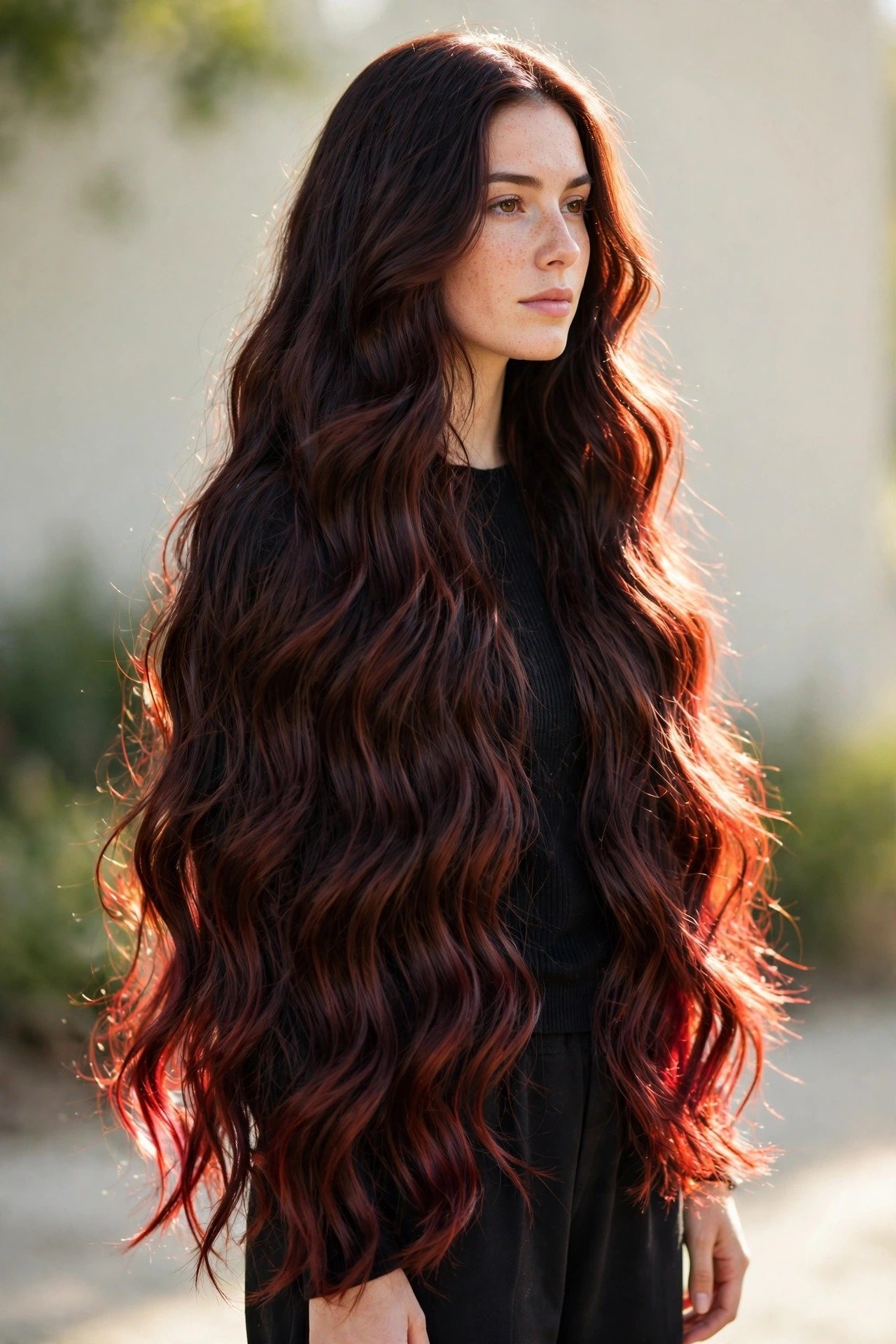 Dark cherry cola hair color with subtle cherry glow in sunlight