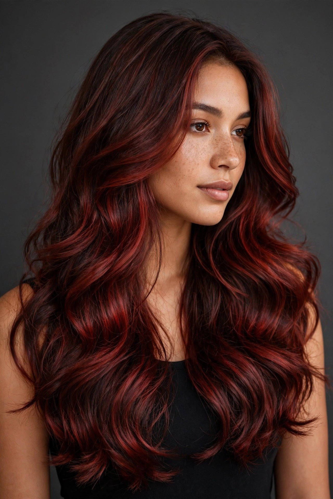 Cherry cola hair on dark brown base complementing warm skin tone