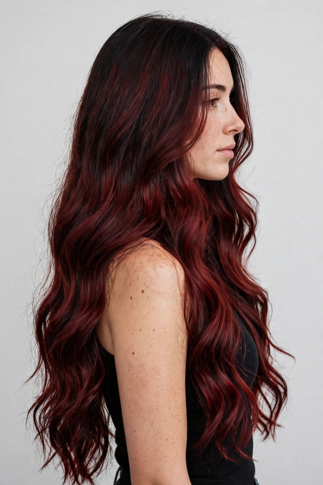 Cherry cola hair color applied over natural black hair base