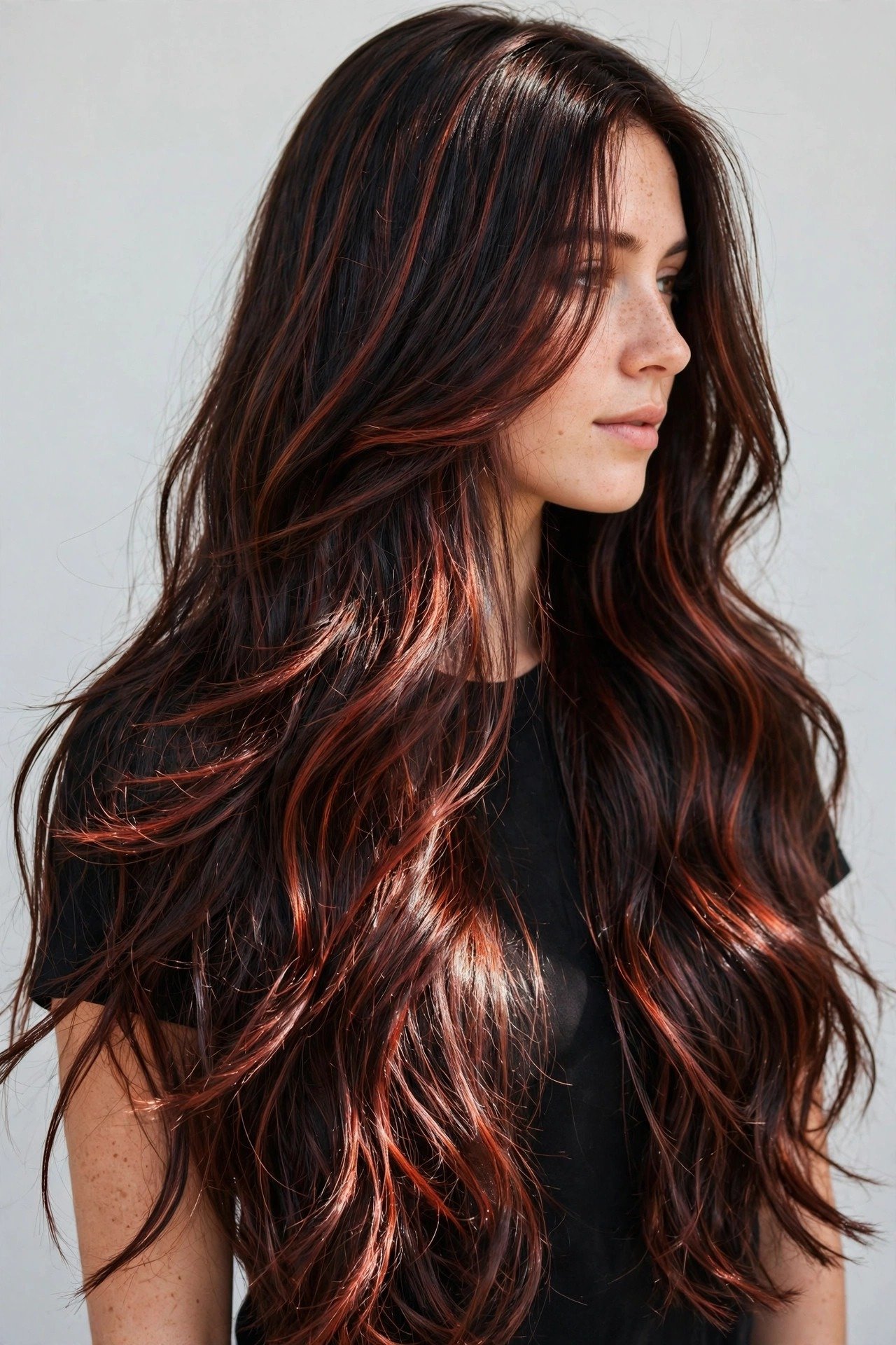 Cherry cola highlights woven through dark brunette hair