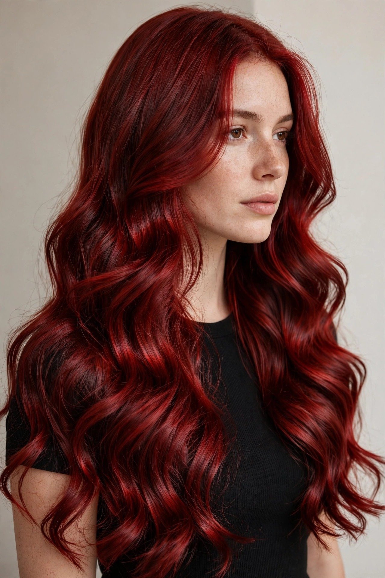 Vivid cherry cola hair with intense red saturation and shine