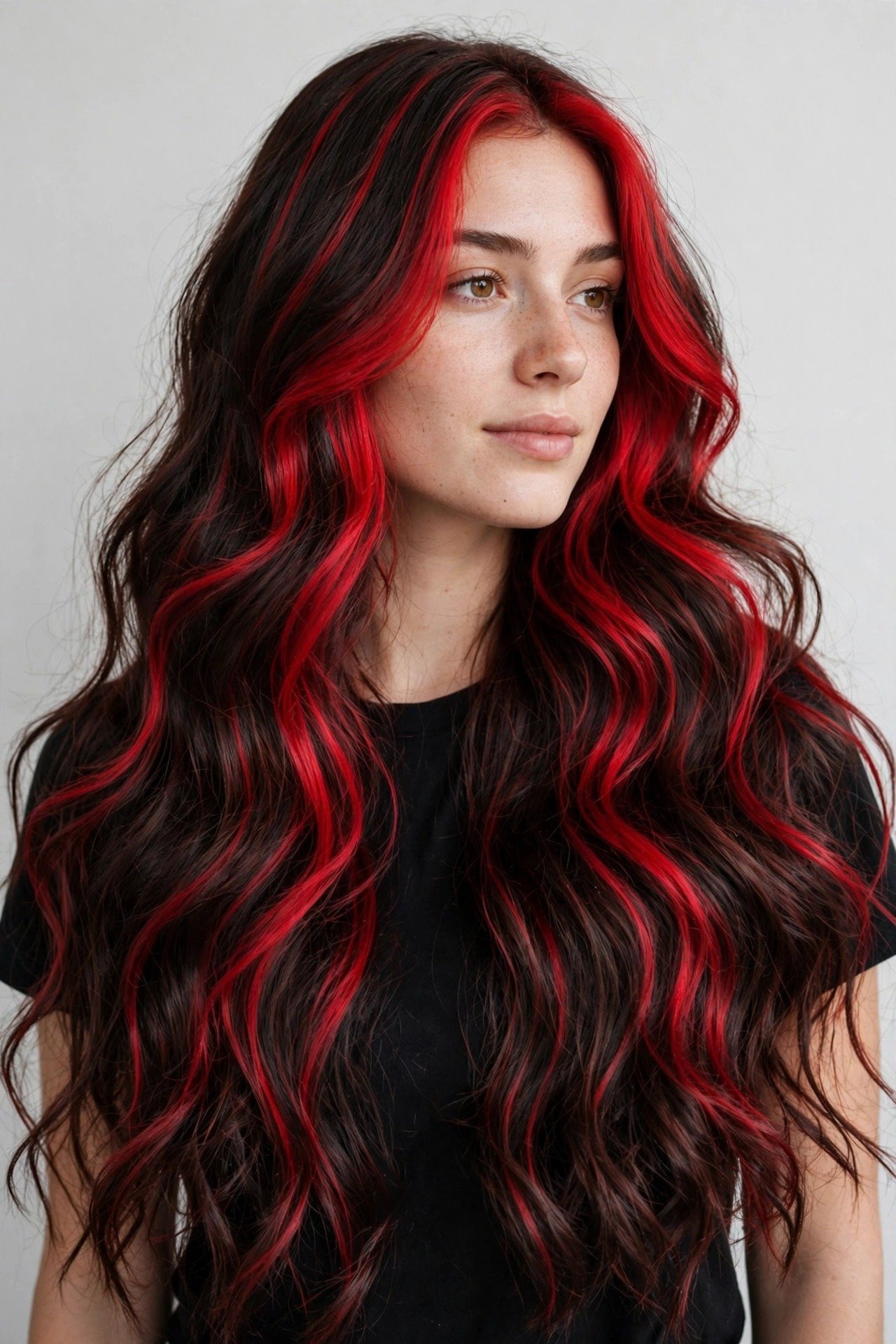 Cherry cola hair with bright face-framing cherry pieces