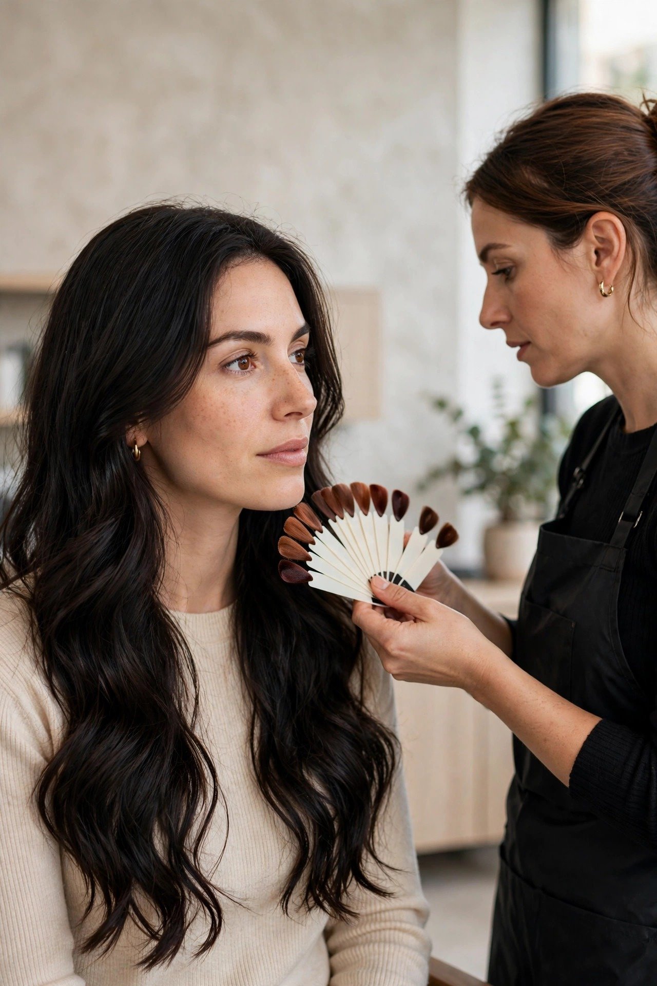 Woman deciding on cherry cola hair shade at a salon consultation