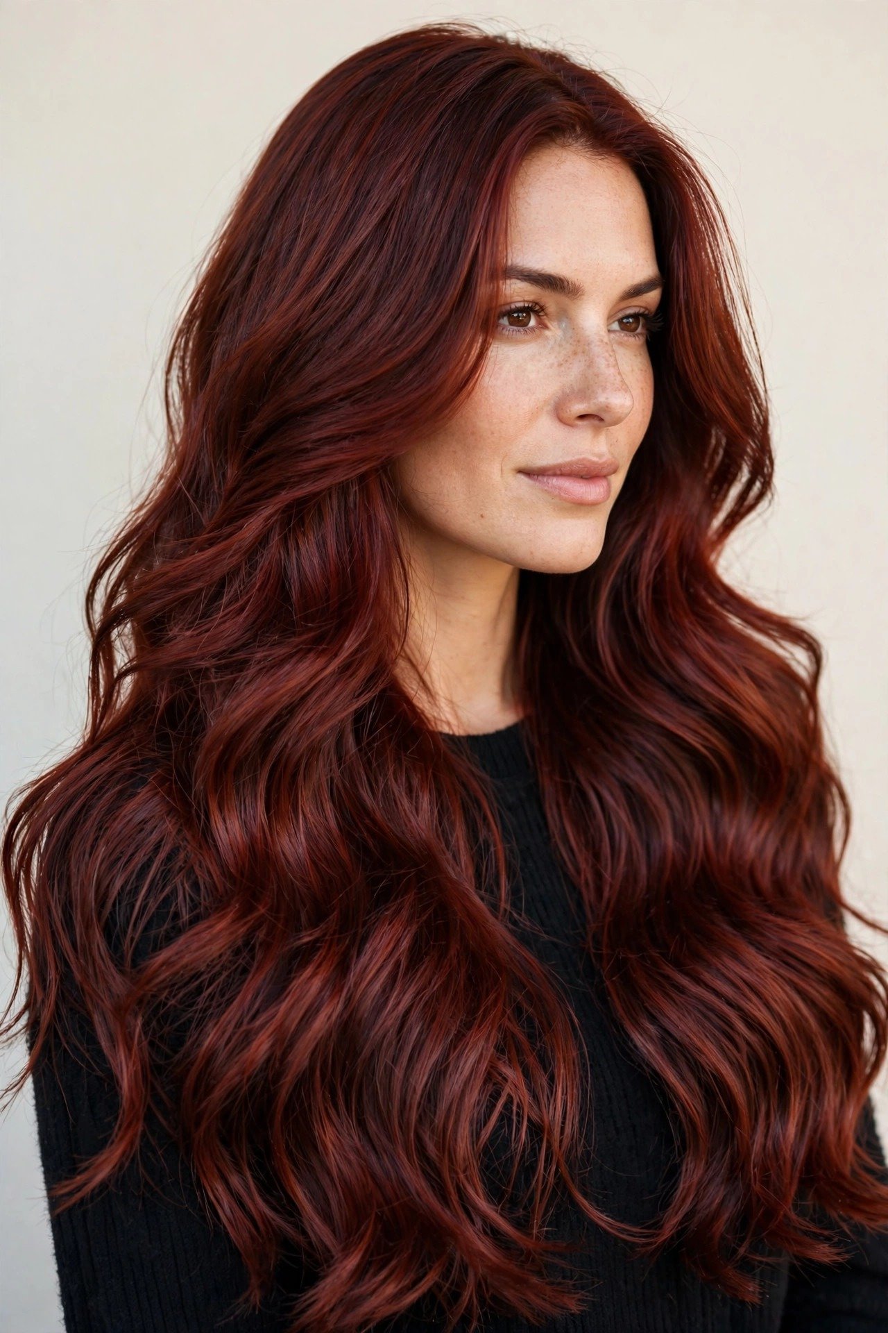 Confident woman with gorgeous finished cherry cola hair color