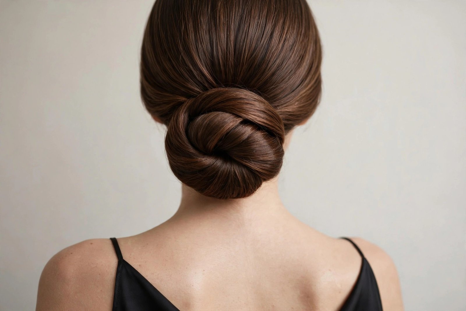 Classic low chignon hairstyle, smooth twisted bun at the nape of the neck