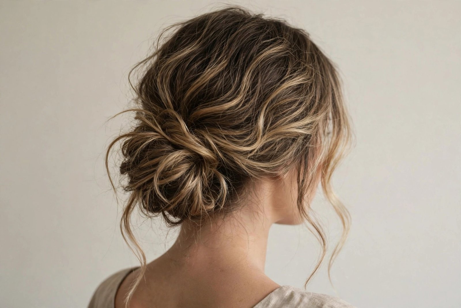 Messy undone chignon hairstyle with soft texture and loose tendrils framing the face
