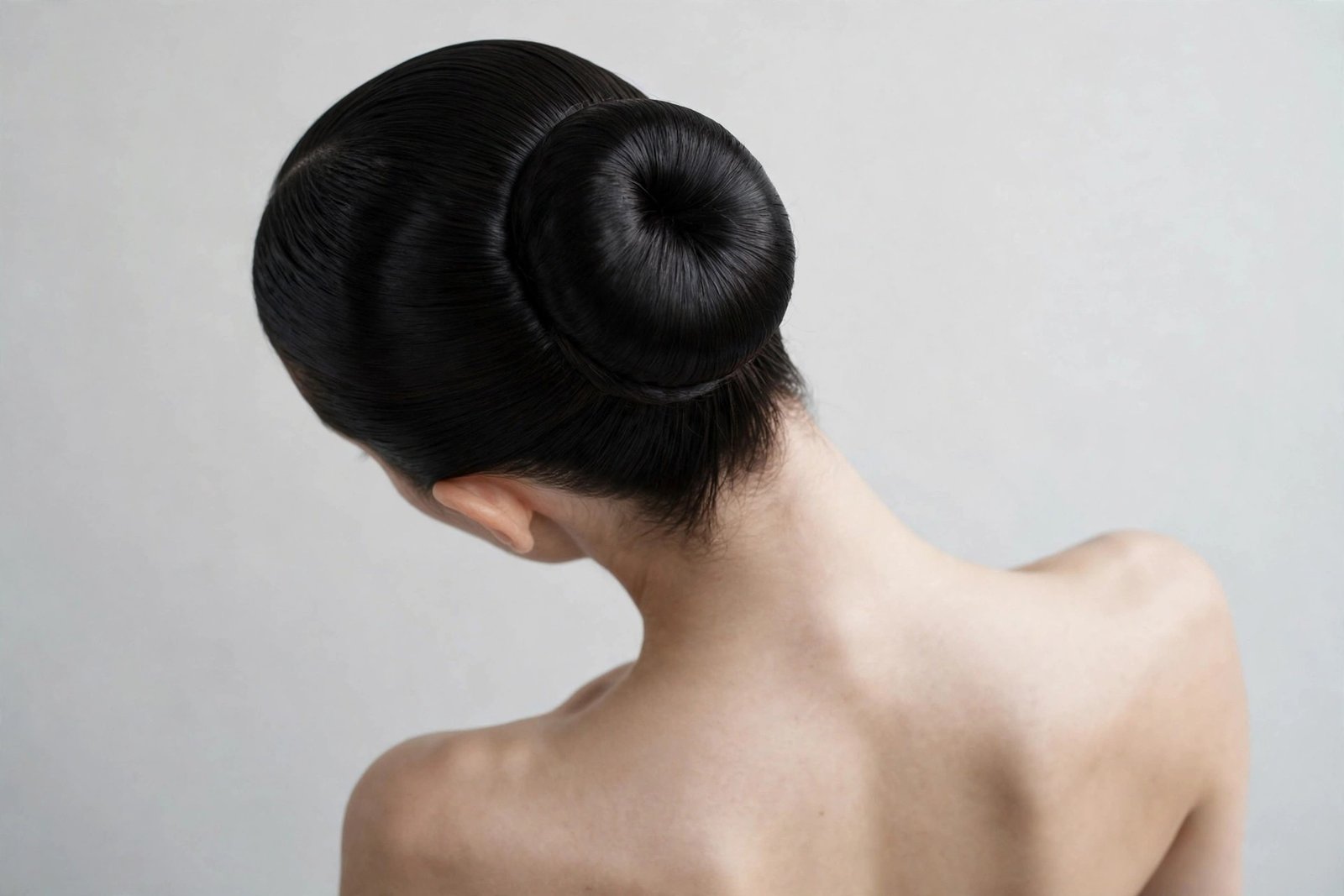 Sleek ballerina chignon hairstyle, high polished bun with smooth pulled-back hair
