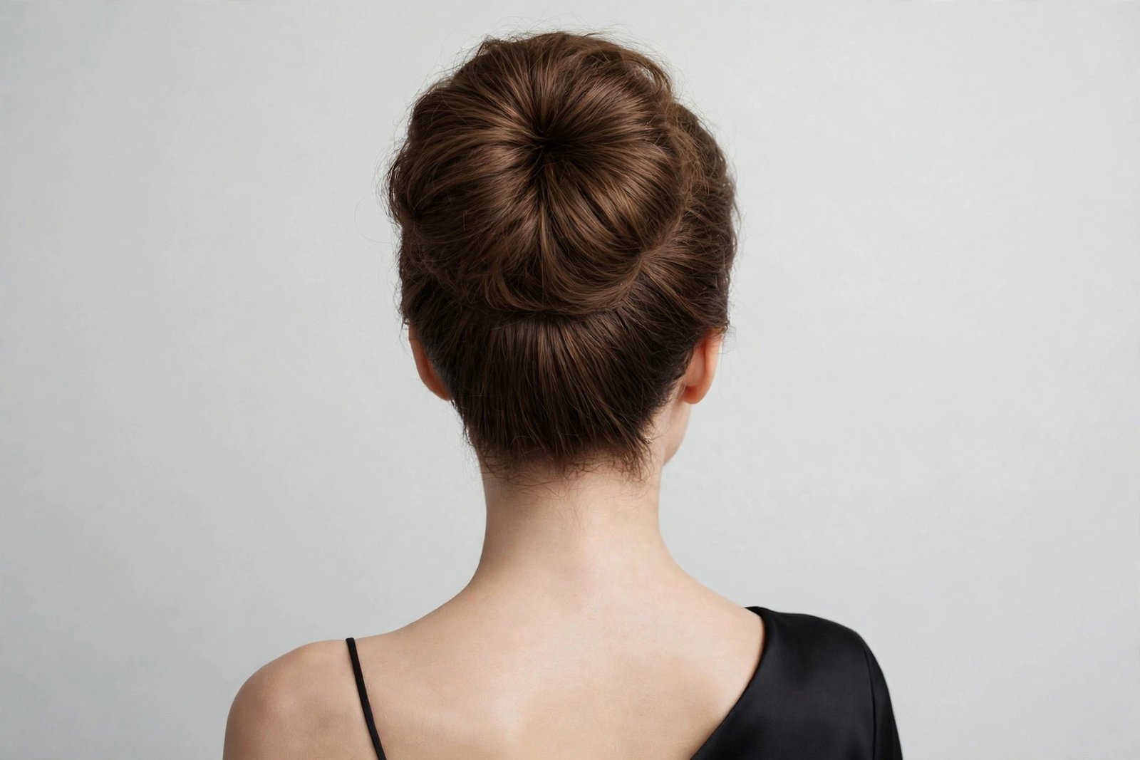 High chignon hairstyle sitting at the crown with elegant volume