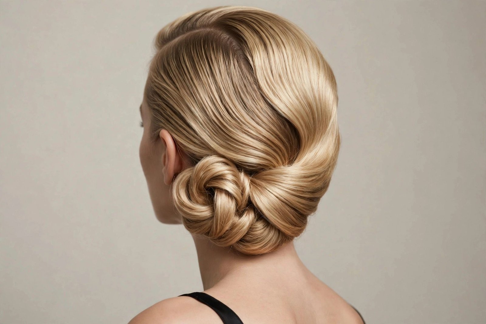 Side chignon hairstyle swept to one side with romantic low placement