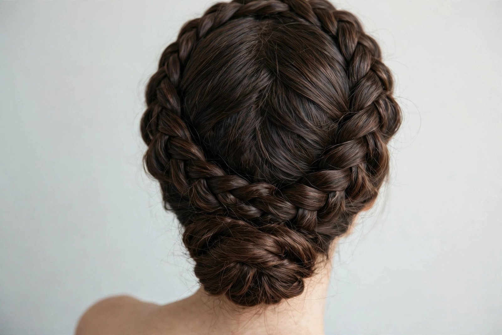 Braided halo chignon with a crown braid wrapping into a low elegant bun