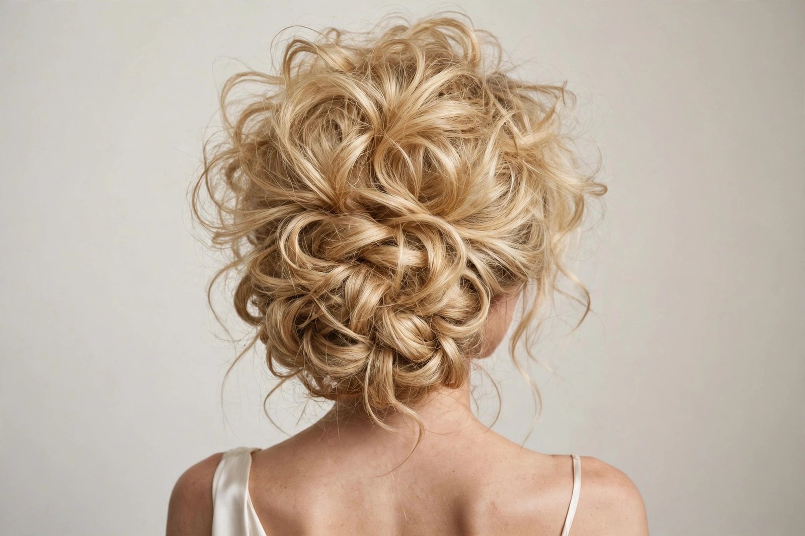 Voluminous textured chignon hairstyle with full airy body and dimension