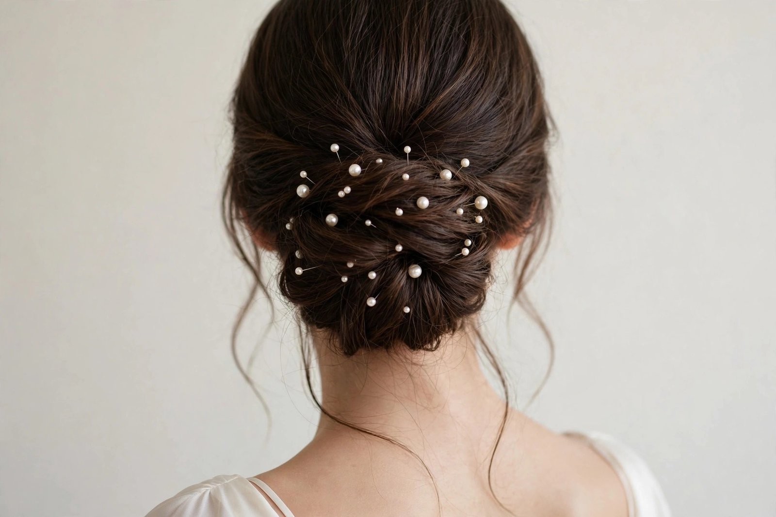 Bridal chignon hairstyle adorned with pearl pins, elegant wedding updo
