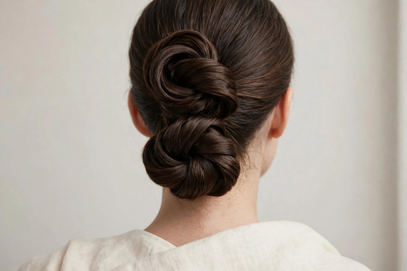Double knot chignon hairstyle with two stacked knotted buns at the nape