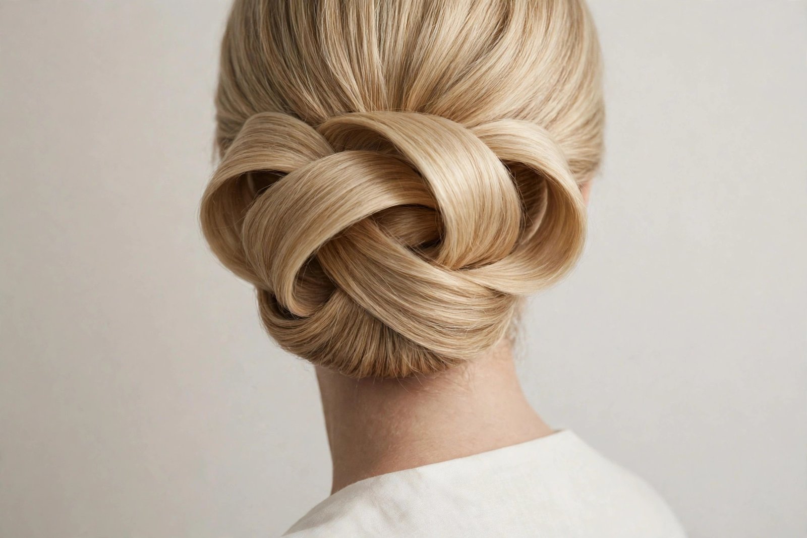 Looped chignon hairstyle with soft folded loops forming a low bun