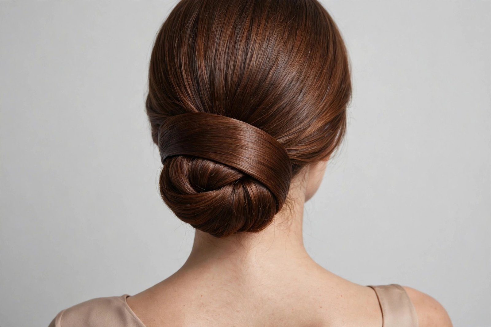 Wrapped low chignon hairstyle with hair wrapped smoothly around the bun base