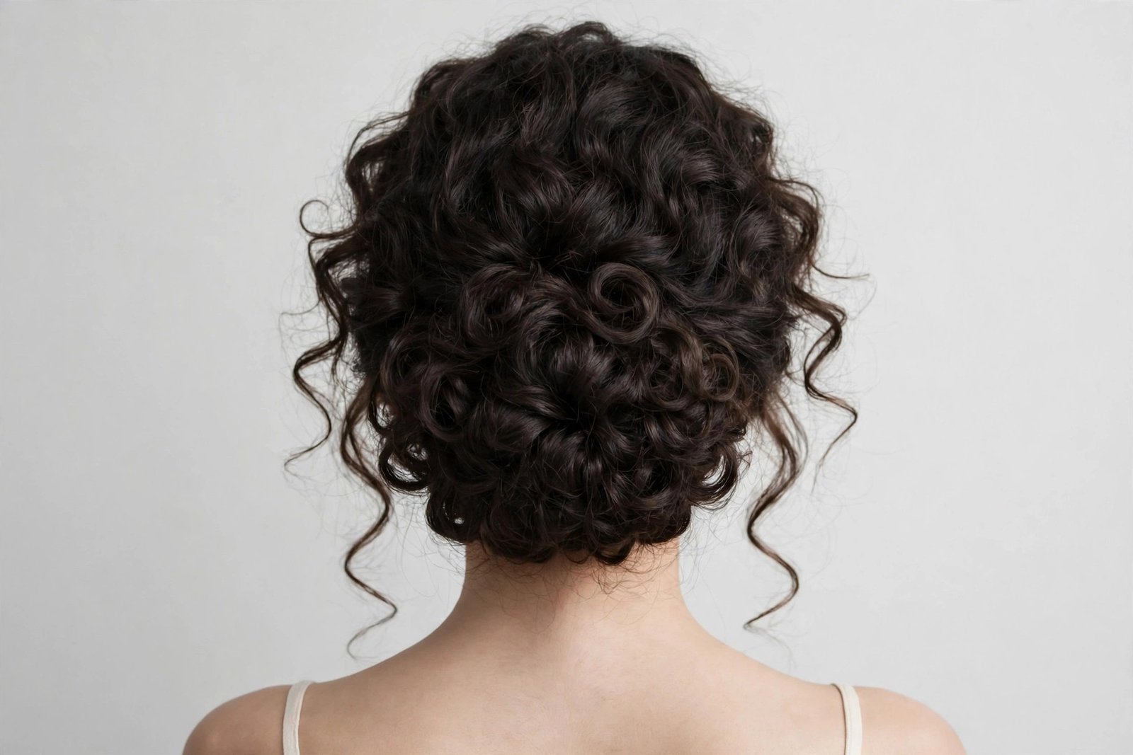 Curly chignon hairstyle with natural curls pinned into a romantic low updo