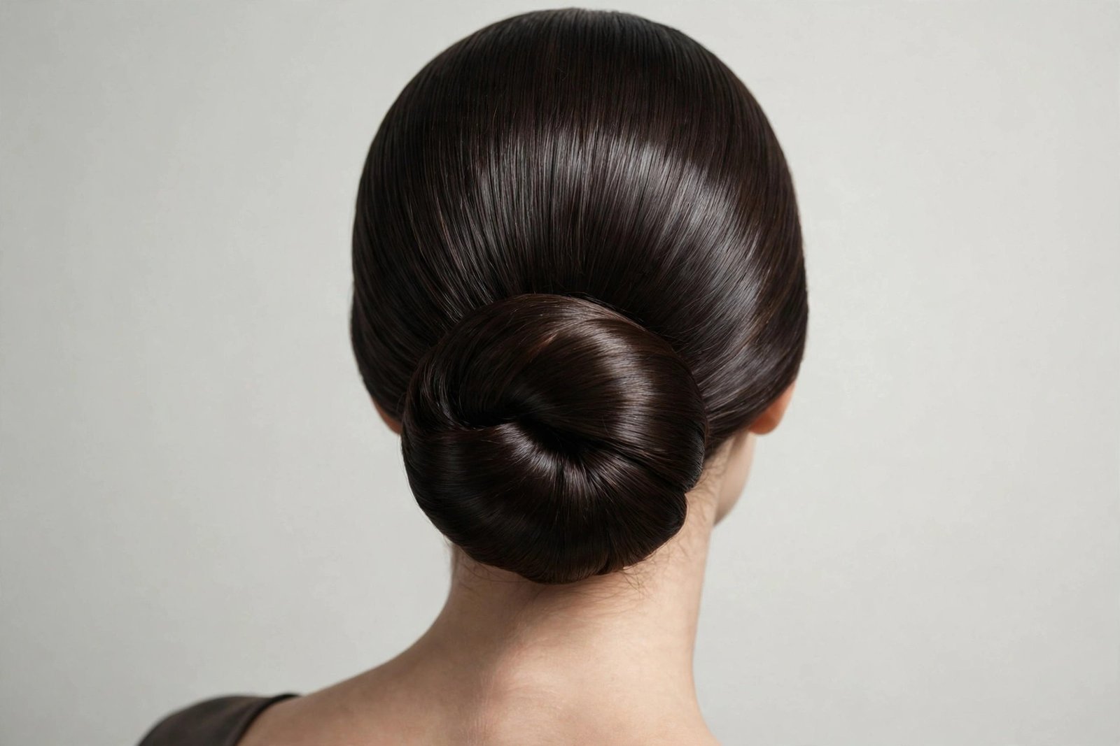 Smooth glass chignon hairstyle with mirror-like shine and sleek finish