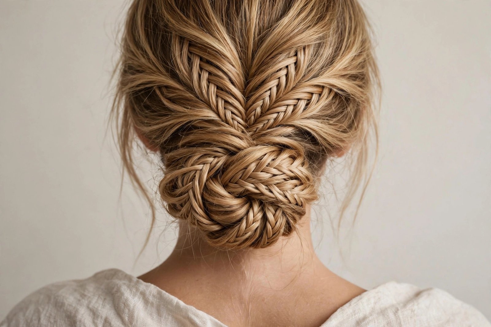 Fishtail braided chignon hairstyle with intricate fishtail braid coiled into a bun