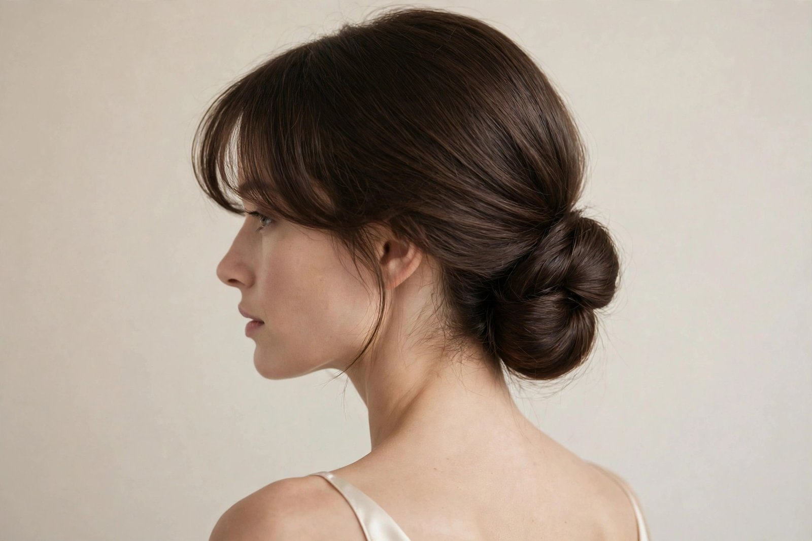 Chignon hairstyle paired with curtain bangs framing the forehead