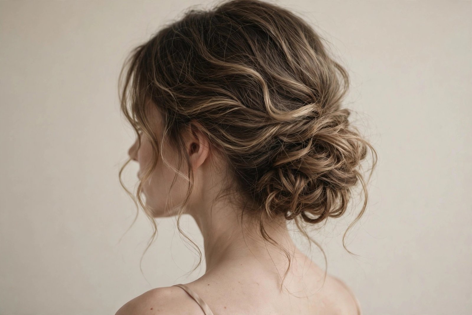 Soft chignon hairstyle with delicate face-framing tendrils