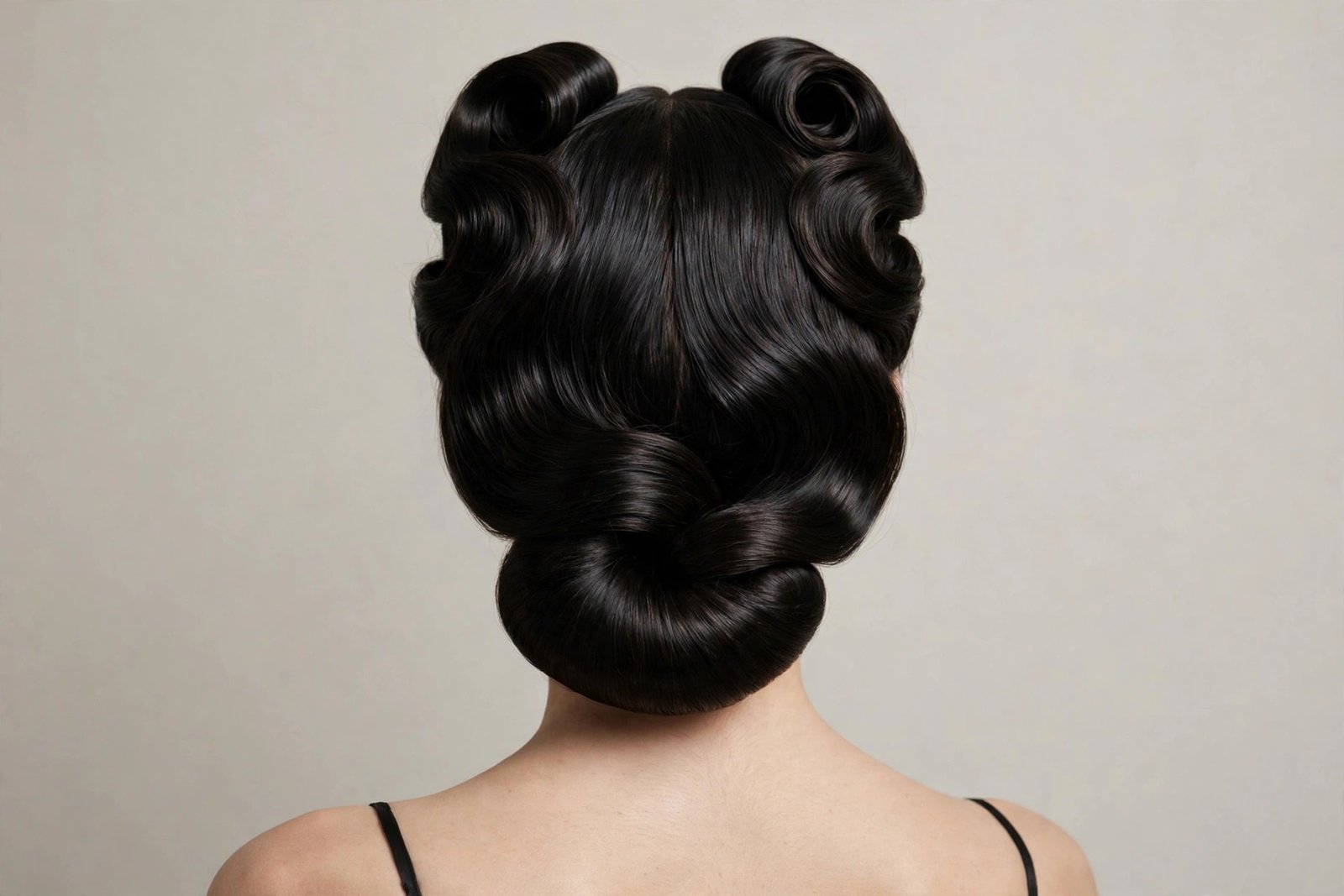 Vintage victory roll inspired chignon hairstyle with retro glamour