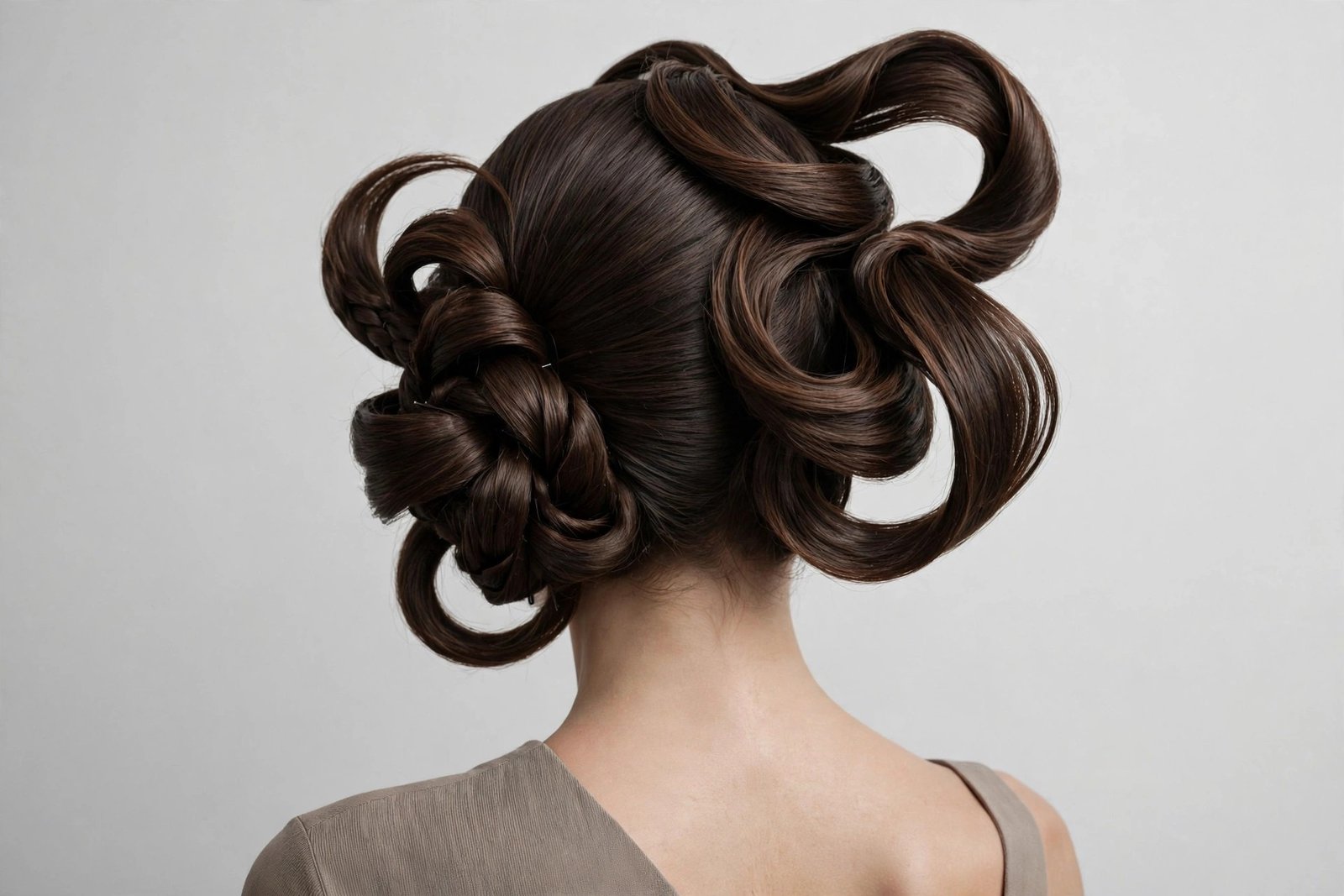 Sculpted architectural chignon hairstyle with dramatic structured form