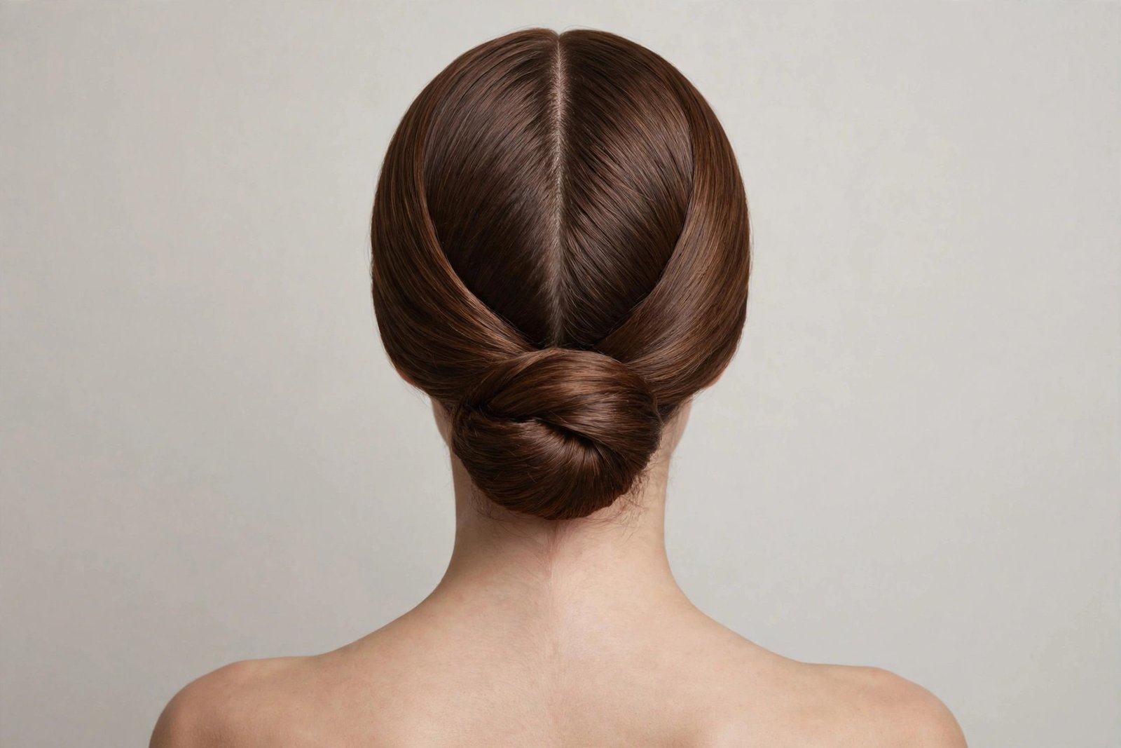 Low chignon hairstyle with a clean middle part, modern minimalist updo