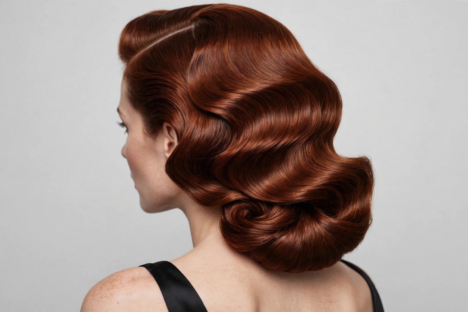Deep side part chignon hairstyle with dramatic swept volume