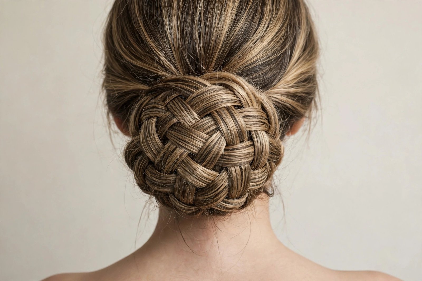 Woven basket chignon hairstyle with interlaced sections creating a basketweave pattern