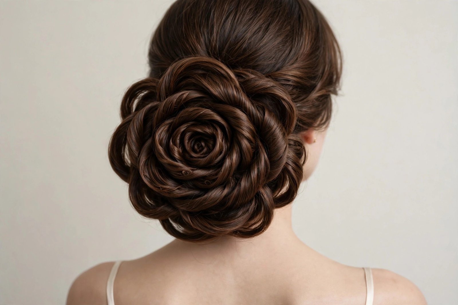 Rose bud chignon hairstyle shaped like a blooming rose flower