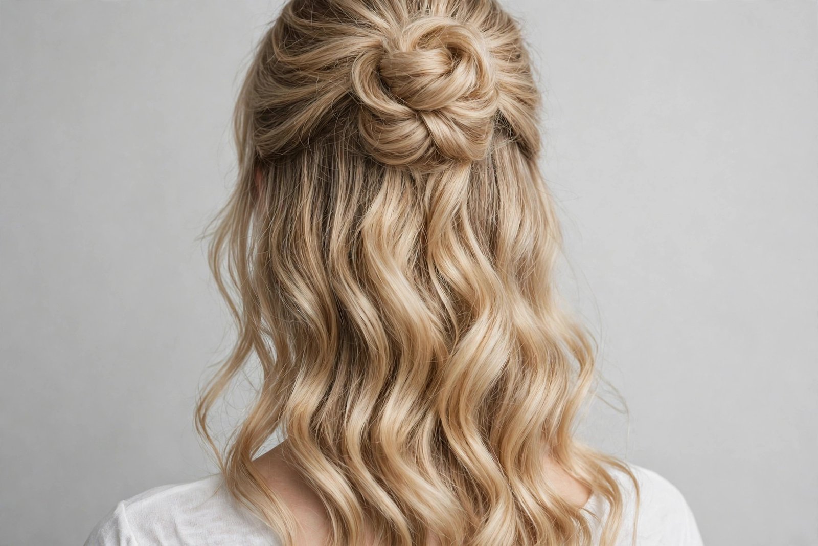 Half-up chignon hairstyle with a small top bun and flowing lengths below