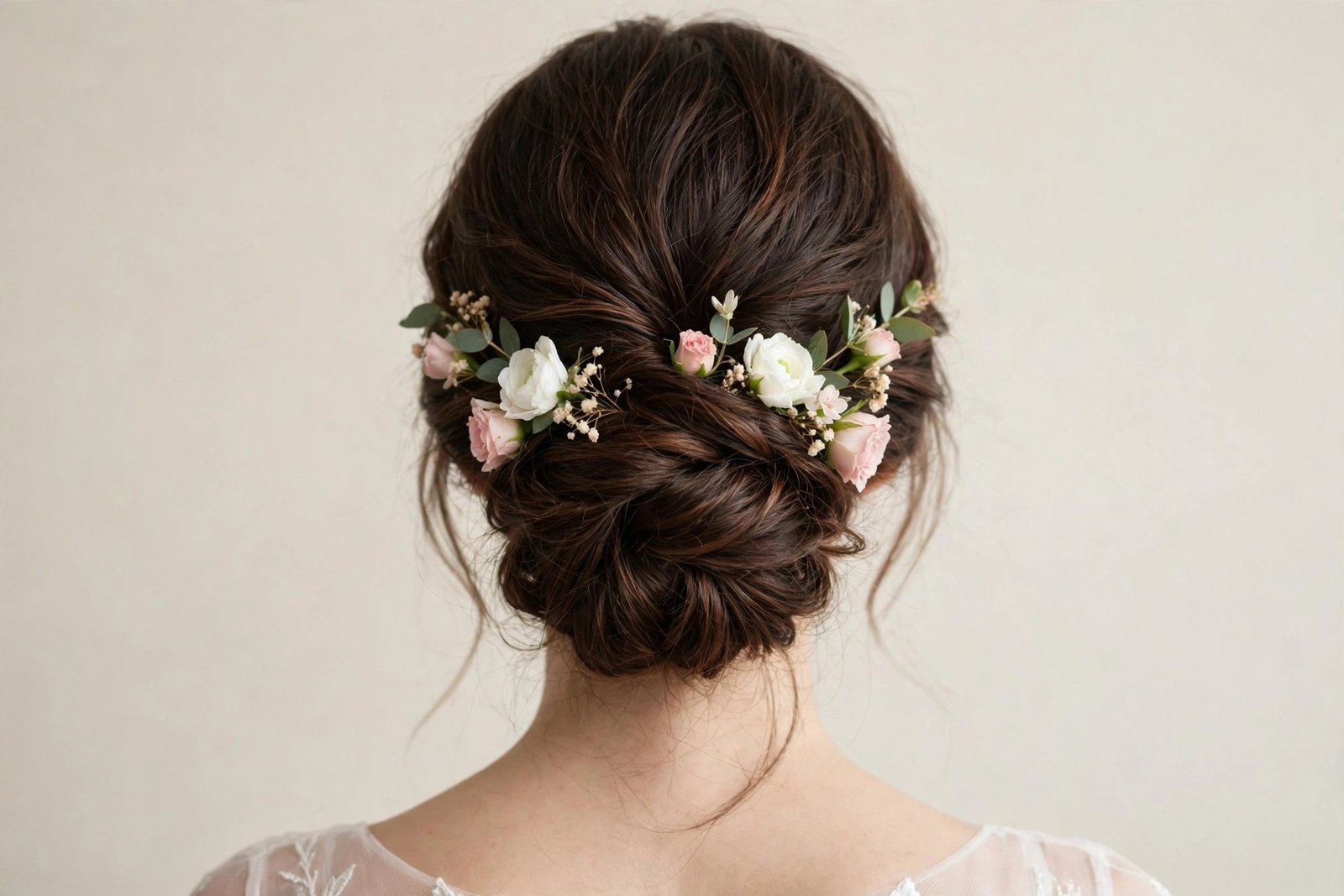 Floral embellished chignon hairstyle decorated with fresh flowers