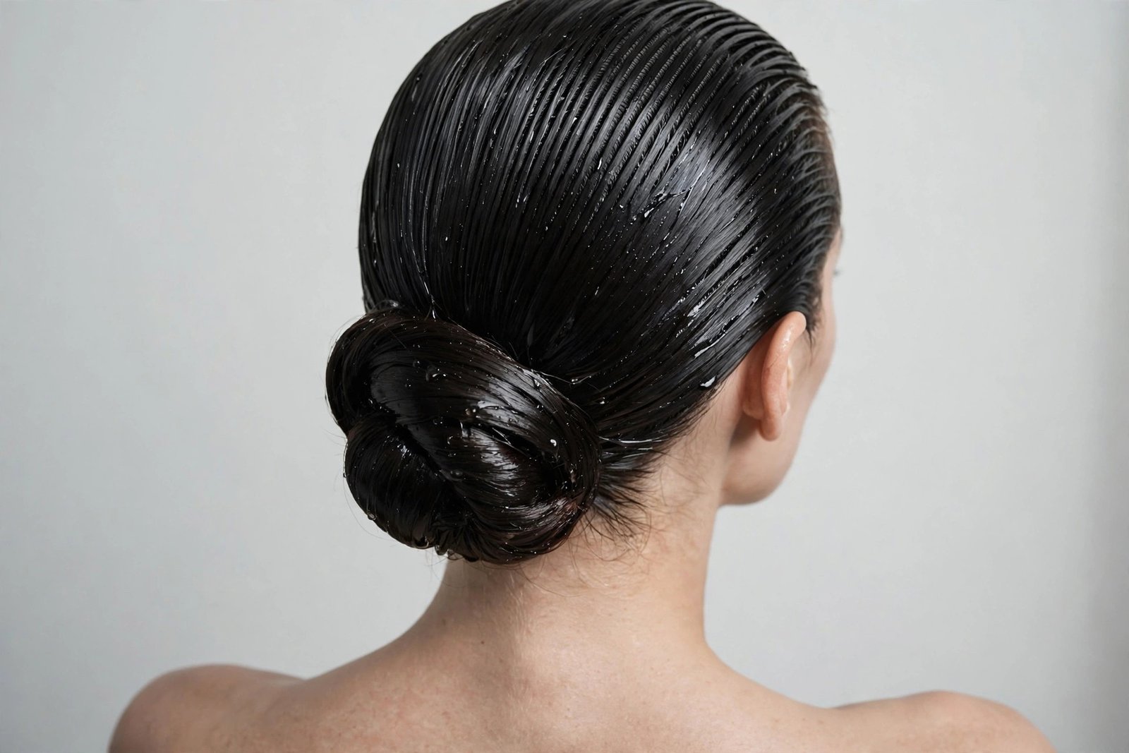 Sleek wet-look chignon hairstyle with glossy editorial finish
