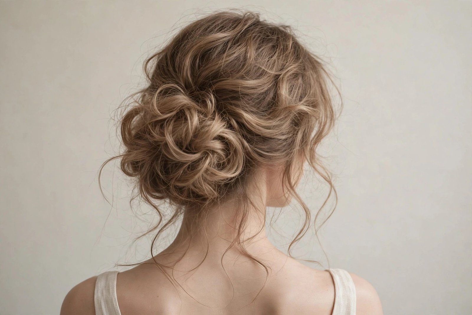 Soft romantic chignon hairstyle with gentle waves and dreamy texture