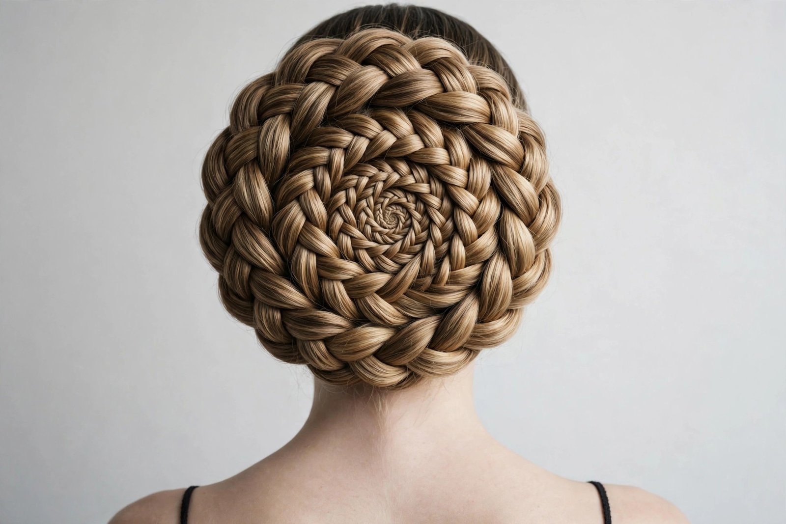 Braided nautilus chignon hairstyle with spiral shell-like braided form