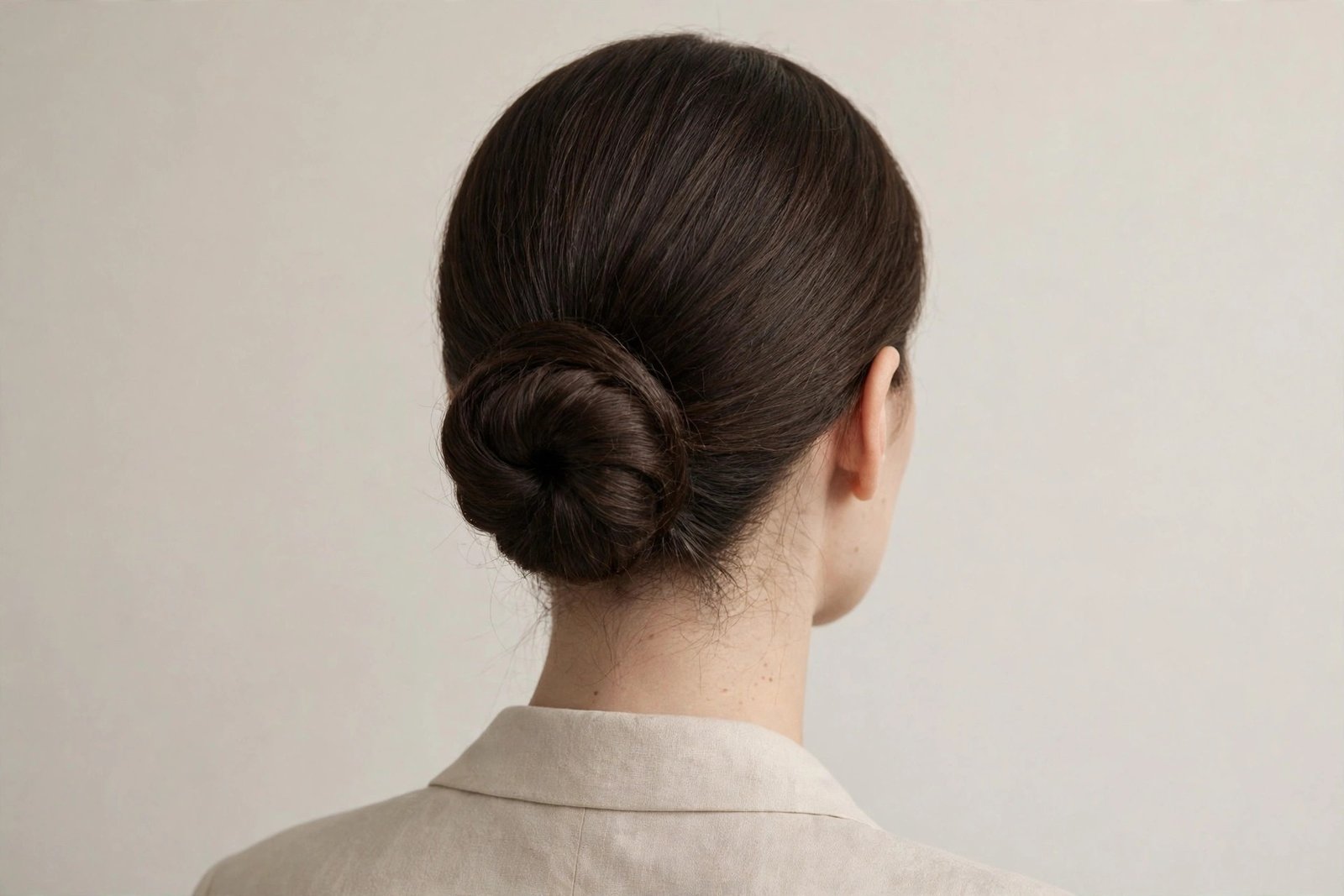Modern minimalist chignon hairstyle, clean simple low bun with refined finish