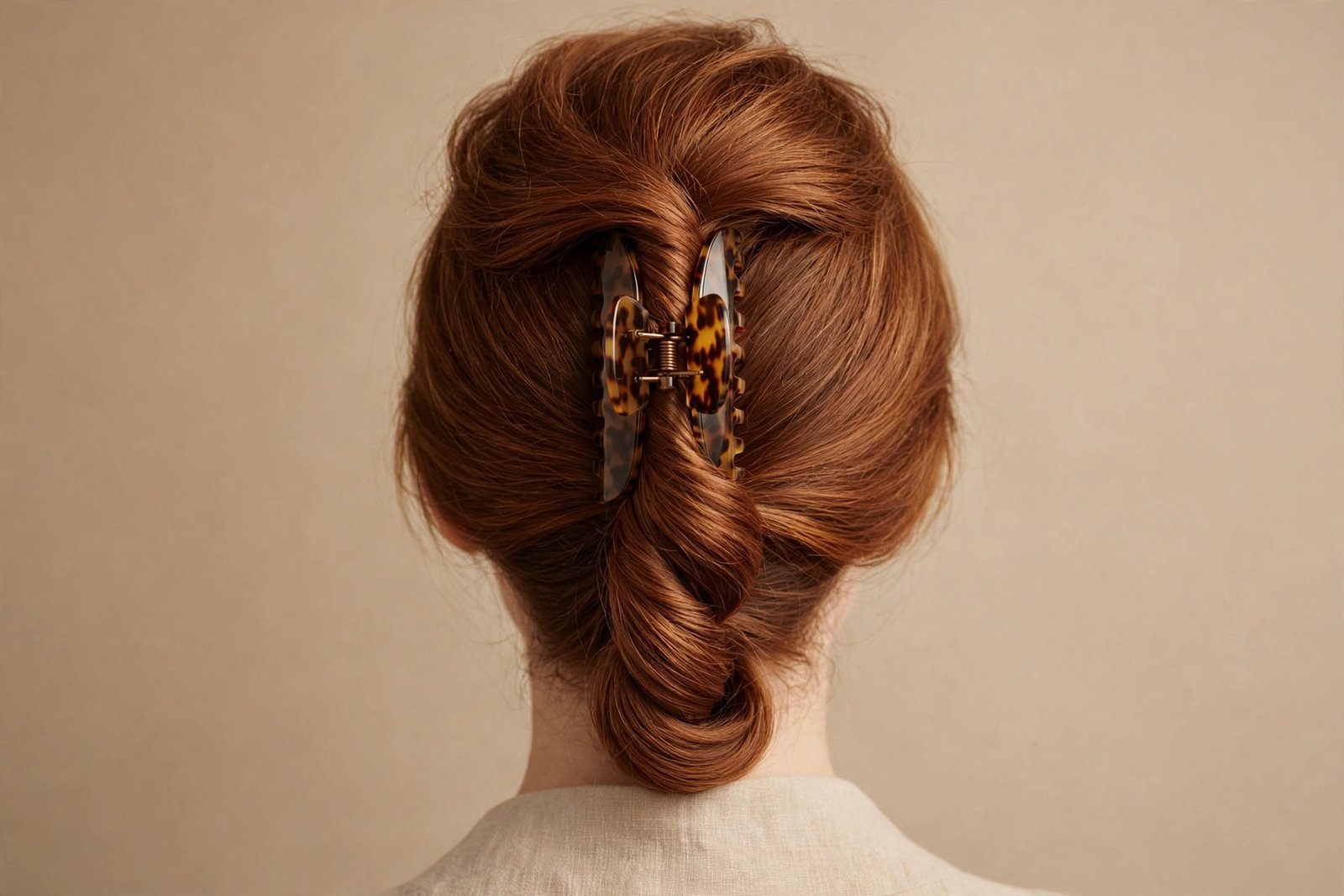 Classic French twist claw clip hairstyle in auburn hair, large tortoiseshell claw clip, polished editorial look