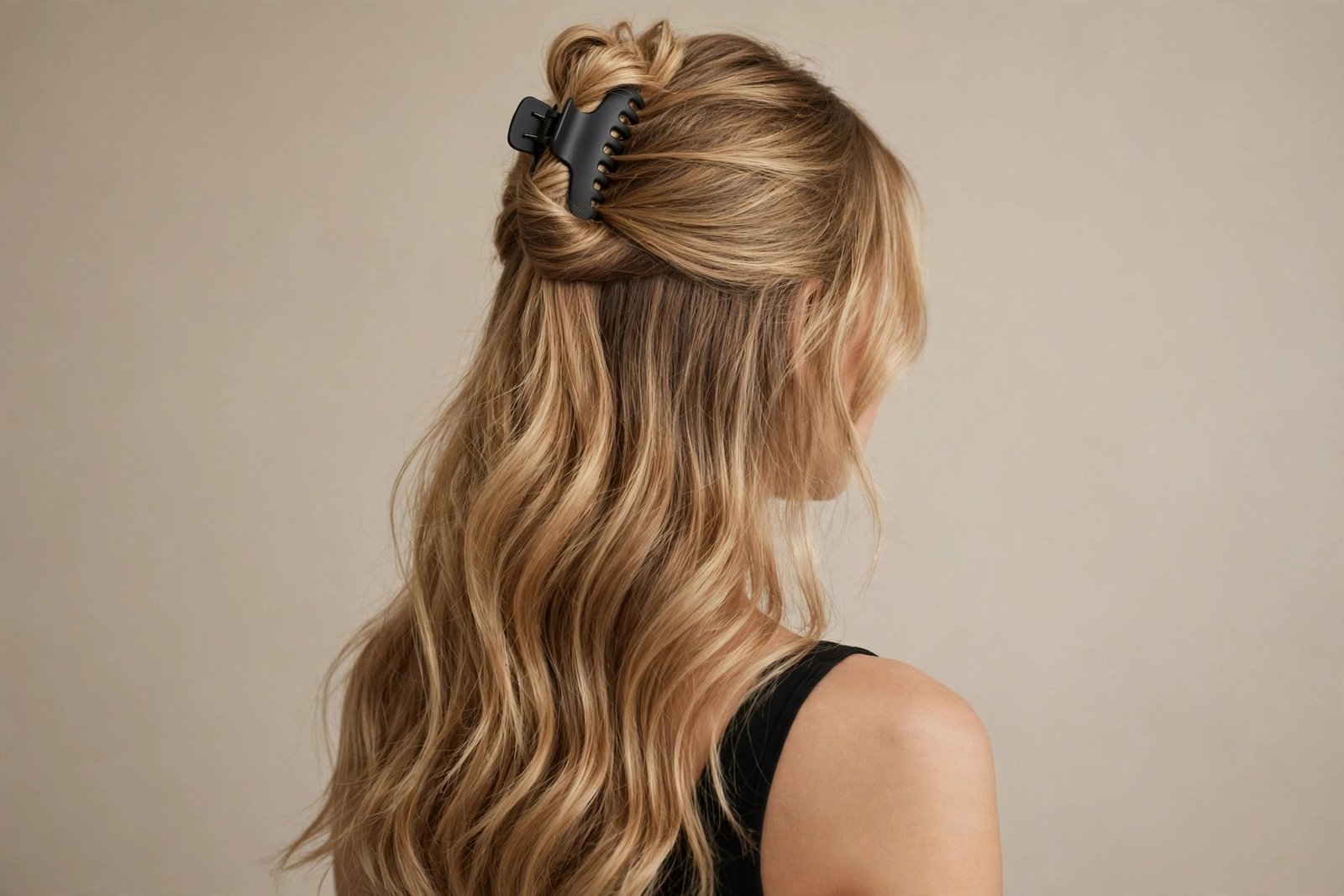 Half-up half-down claw clip hairstyle in blonde hair, medium black claw clip at the crown, soft waves