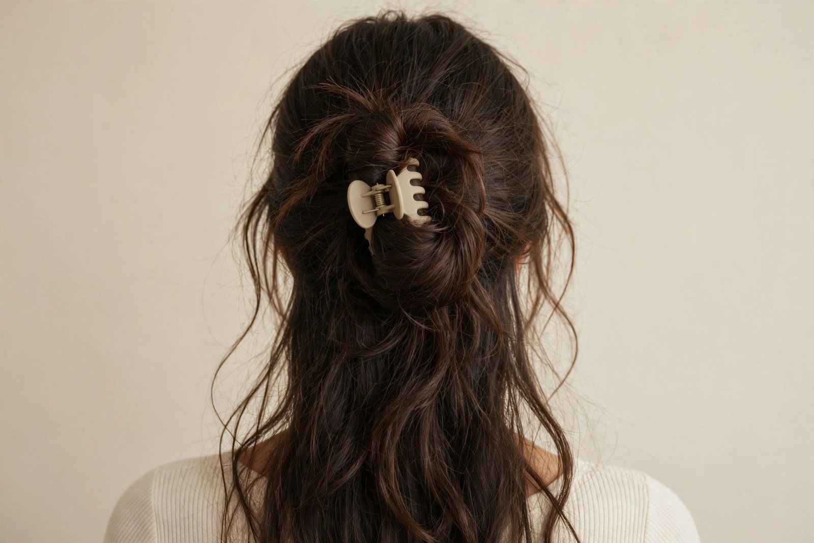 Relaxed 90s messy bun claw clip hairstyle in dark brown hair, matte beige claw clip, soft loose strands