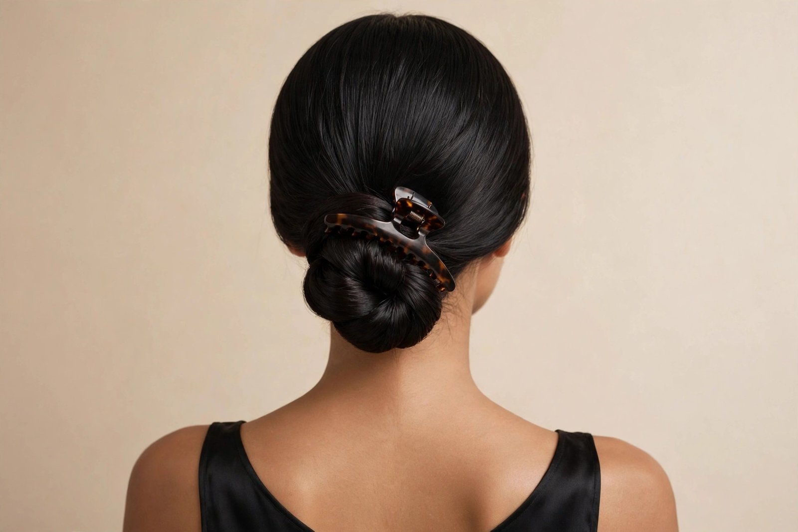 Low twisted chignon claw clip hairstyle in black hair, dark tortoiseshell claw clip, polished evening finish