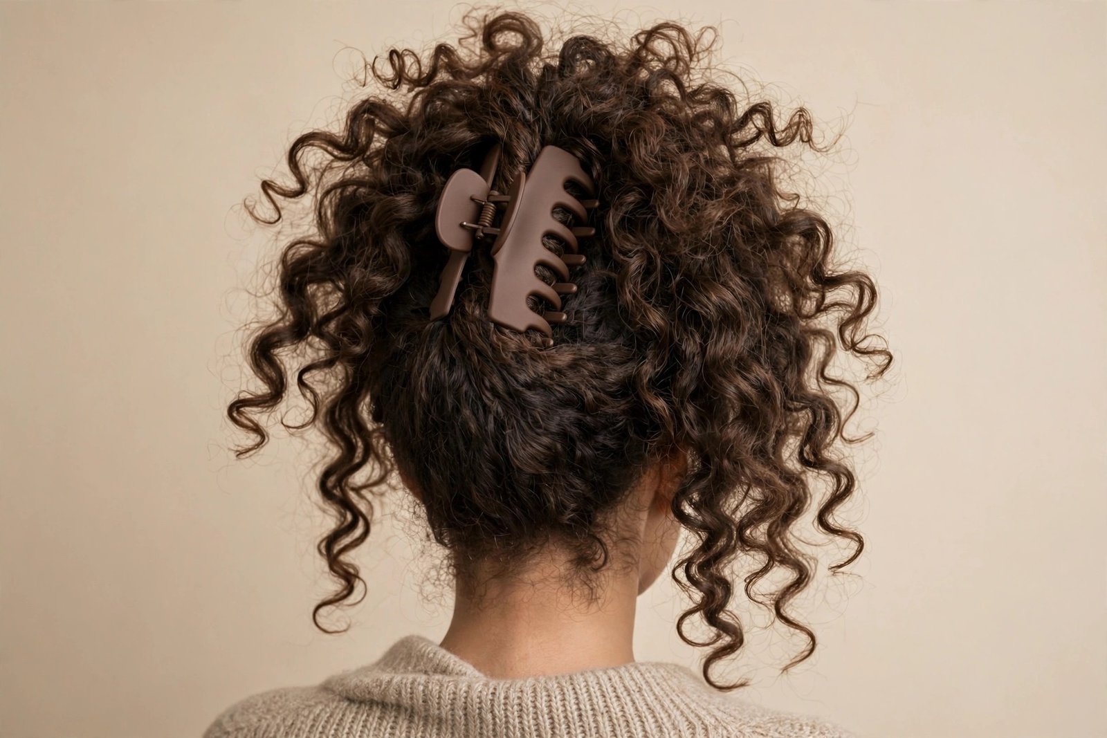 Curly pineapple updo claw clip hairstyle, thick natural curls with large matte brown jumbo claw clip