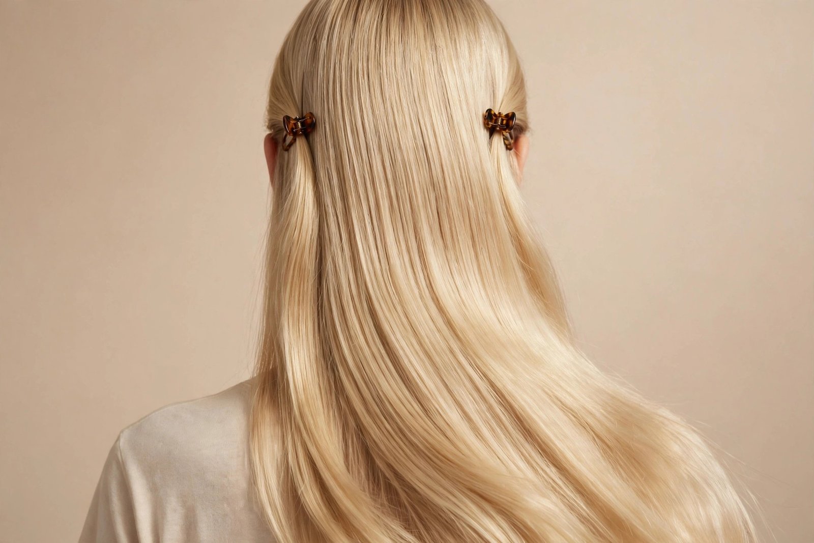Y2K double mini claw clips hairstyle in blonde hair, two small tortoiseshell clips, playful 90s revival look